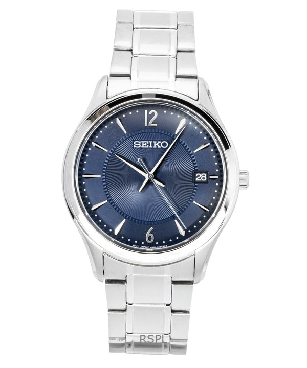 Montre homme Seiko Classic en acier inoxydable, cadran bleu, quartz SUR419P1, étanche à 100 m