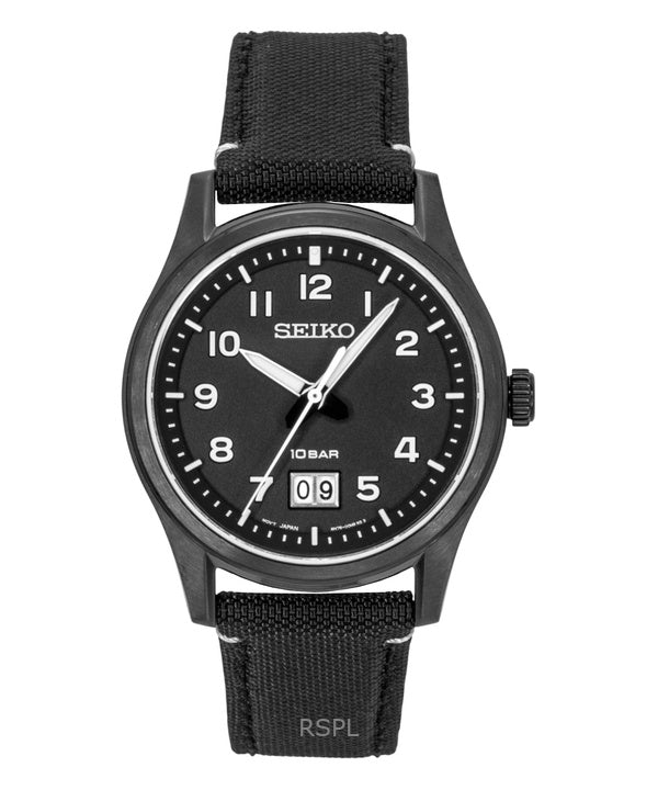 Montre homme Seiko Classic à bracelet en nylon, cadran noir, quartz SUR571P1, étanche à 100 m