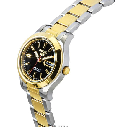 Montre Seiko 5 bicolore en acier inoxydable, cadran noir, 21 rubis, automatique, SYMD94K1, pour femme