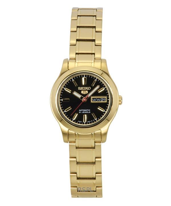Montre Seiko 5 Classic pour femme, cadran noir, acier inoxydable doré, 21 rubis, automatique, SYMD96K1