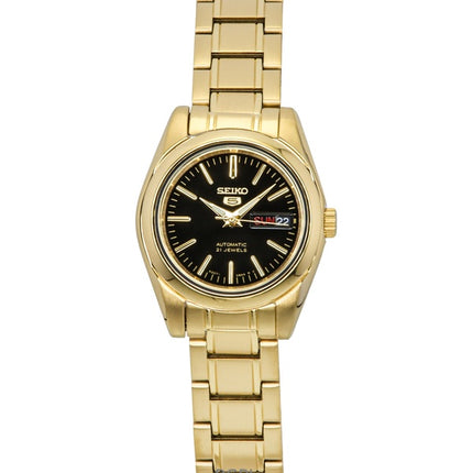 Montre Seiko 5 pour femme, acier inoxydable doré, cadran noir, 21 rubis, automatique, SYMK22K1