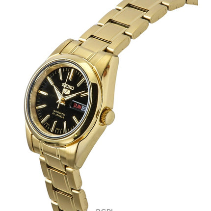 Montre Seiko 5 pour femme, acier inoxydable doré, cadran noir, 21 rubis, automatique, SYMK22K1