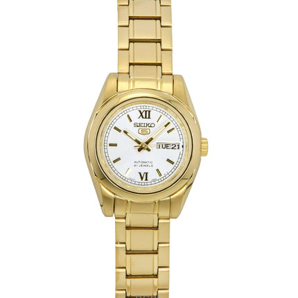 Montre Seiko 5 pour femme, cadran blanc, acier inoxydable doré, automatique, SYMK30K1, 30 m