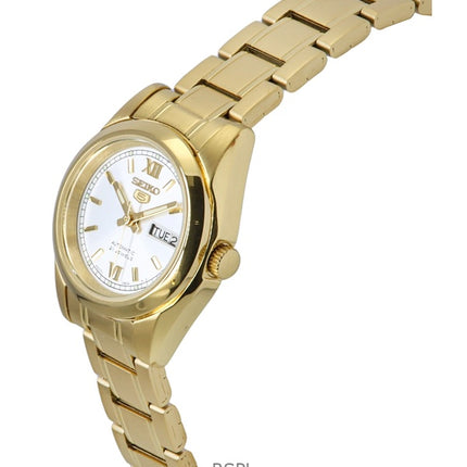 Montre Seiko 5 pour femme, cadran blanc, acier inoxydable doré, automatique, SYMK30K1, 30 m