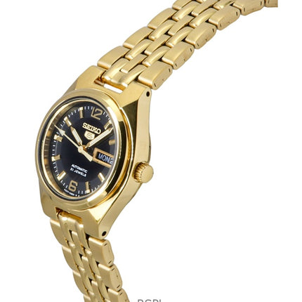 Montre Seiko 5 pour femme, cadran noir, acier inoxydable doré, automatique, SYMK38K1