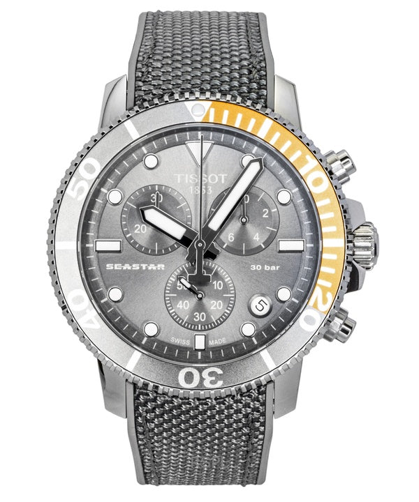 Montre homme Tissot Seastar 1000 Chronographe, bracelet en tissu, cadran noir, mouvement à quartz, étanche à 300 m (T120.417.17.081.01).
