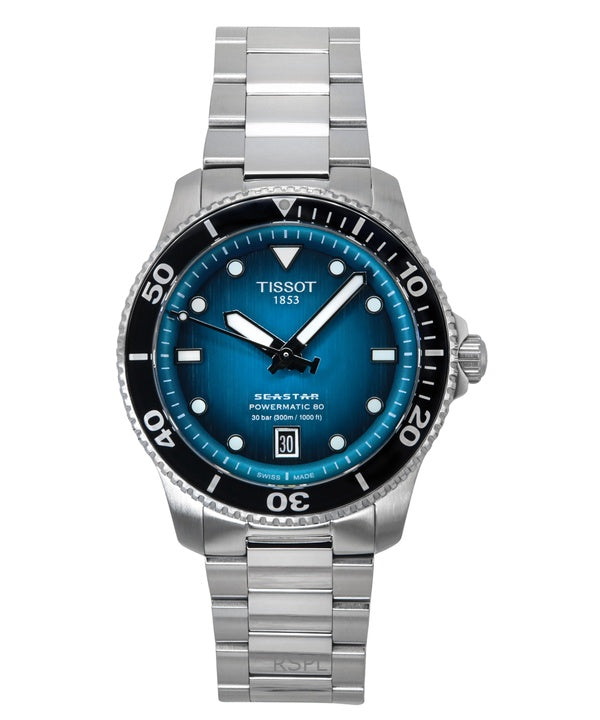 Montre de plongée automatique Tissot Seastar 1000 Powermatic 80 pour homme avec cadran turquoise T120.807.11.091.00 300M