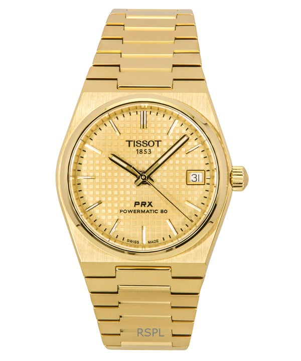 Montre femme Tissot PRX Powermatic 80, acier inoxydable doré, cadran champagne, automatique, T137.207.33.021.00, 100 m