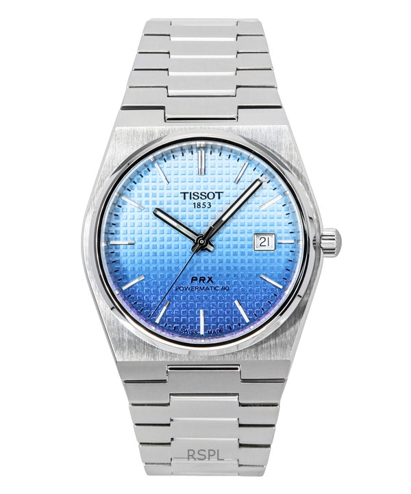 Montre homme Tissot PRX Powermatic 80 en acier inoxydable dégradé, cadran bleu glacier caméléon, automatique, T137.407.11.351.01, 100 m