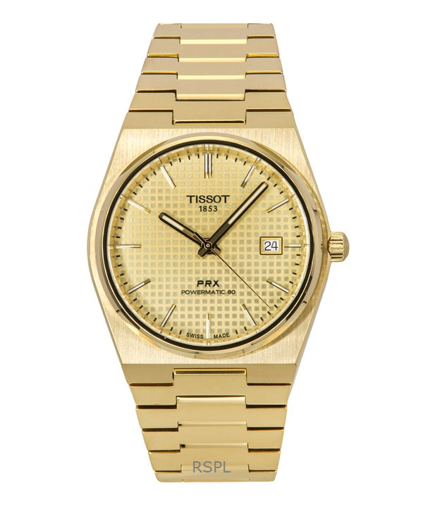 Montre homme Tissot PRX Powermatic 80, acier inoxydable doré, cadran champagne, automatique, T137.407.33.021.00, 100 m