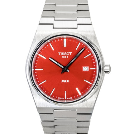 Montre homme Tissot PRX en acier inoxydable, cadran rouge, mouvement à quartz, référence T137.410.11.421.00, étanche à 100 m.
