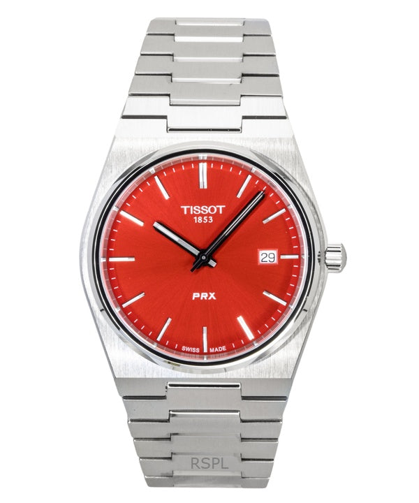 Montre homme Tissot PRX en acier inoxydable, cadran rouge, mouvement à quartz, référence T137.410.11.421.00, étanche à 100 m.
