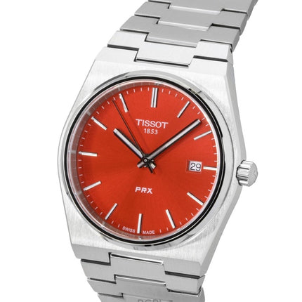 Montre homme Tissot PRX en acier inoxydable, cadran rouge, mouvement à quartz, référence T137.410.11.421.00, étanche à 100 m.