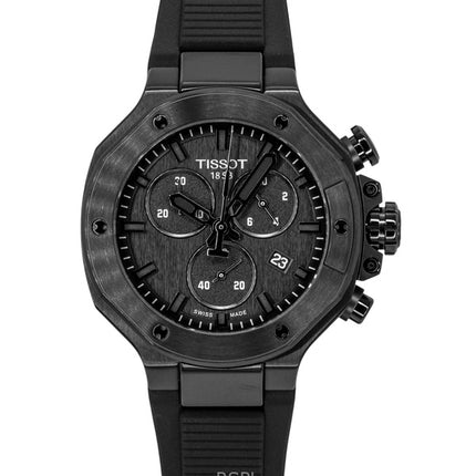 Montre homme Tissot T-Race Chronographe, bracelet en silicone, cadran noir, mouvement à quartz, référence T141.817.37.051.00, étanche à 100 m