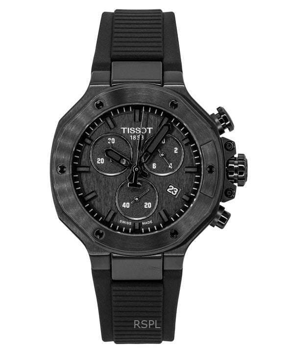 Montre homme Tissot T-Race Chronographe, bracelet en silicone, cadran noir, mouvement à quartz, référence T141.817.37.051.00, étanche à 100 m