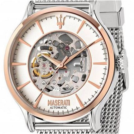 Montre homme Maserati Epoca Skeleton cadran blanc en acier inoxydable automatique R8823118004 remise à neuf