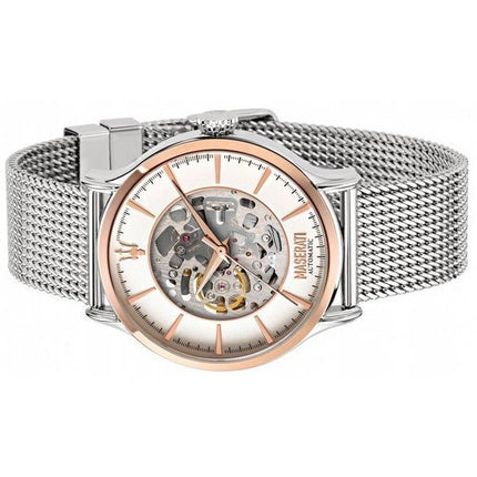 Montre homme Maserati Epoca Skeleton cadran blanc en acier inoxydable automatique R8823118004 remise à neuf