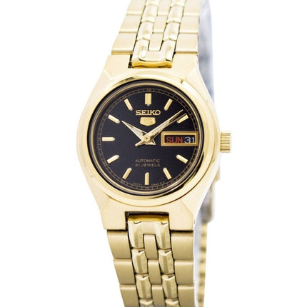 Montre Seiko 5 pour femme, cadran noir, acier inoxydable doré, automatique, SYMA06K1, remise à neuf