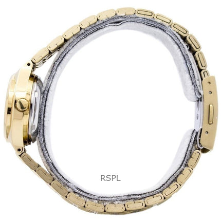 Montre pour femme Seiko 5 en acier inoxydable doré avec cadran noir et mouvement automatique 21 rubis SYMA06K1 remise à neuf