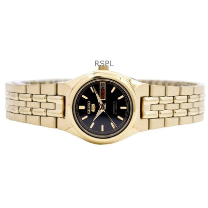 Montre pour femme Seiko 5 en acier inoxydable doré avec cadran noir et mouvement automatique 21 rubis SYMA06K1 remise à neuf