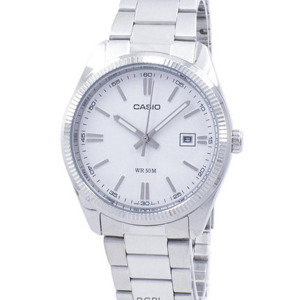 Montre analogique Casio MTP-1302D-7A1V pour homme, cadran blanc, acier inoxydable, quartz, remise à neuf