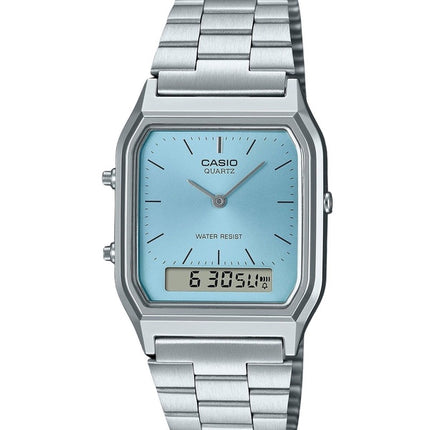 Montre unisexe Casio Vintage analogique numérique en acier inoxydable avec cadran turquoise à quartz AQ-230A-2A1 remise à neuf
