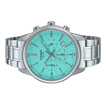 Montre homme Casio Standard, chronographe analogique, cadran turquoise, quartz, MTP-E515D-2A2V, remise à neuf