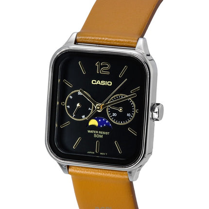Montre homme Casio MTP-M305L-1A, analogique, phase de lune, bracelet en cuir, cadran noir, quartz, remise à neuf
