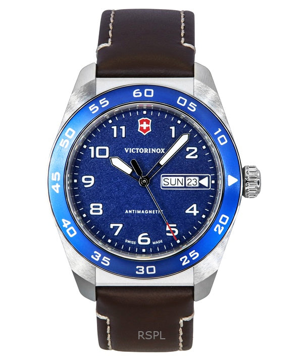 Montre homme Victorinox Swiss Army, bracelet cuir, cadran bleu, quartz, 242040 100M