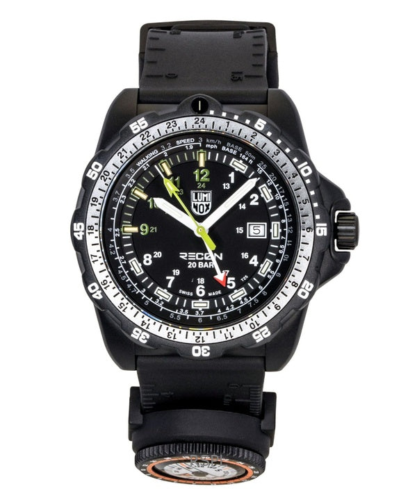 Montre homme Luminox Recon Nav Spec GMT, bracelet en caoutchouc, cadran noir, quartz, étanche à 200 m, XL.8837.SET