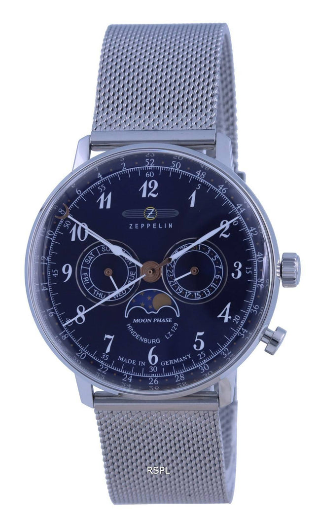 Montre Homme Zeppelin LZ 129 Hindenburg Phase de Lune Cadran Bleu Quartz 7036M-3 7036M3