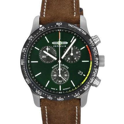 Montre pour homme Zeppelin Night Cruise chronographe bracelet en cuir cadran vert Quartz 72884 100M
