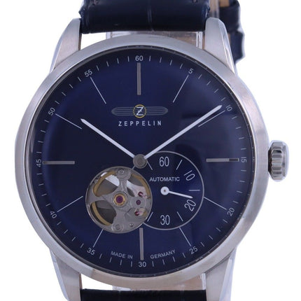 Montre Homme Zeppelin Flatline Coeur Ouvert Cadran Bleu Bracelet Cuir Automatique 7364-3 73643
