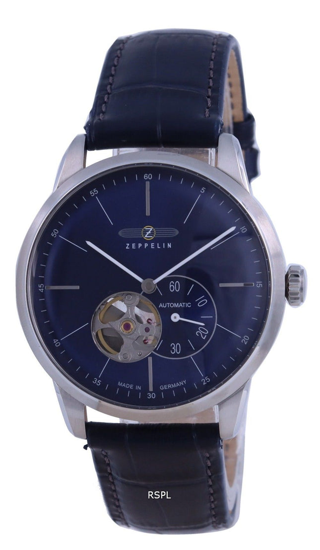 Montre Homme Zeppelin Flatline Coeur Ouvert Cadran Bleu Bracelet Cuir Automatique 7364-3 73643