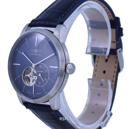 Montre Homme Zeppelin Flatline Coeur Ouvert Cadran Bleu Bracelet Cuir Automatique 7364-3 73643