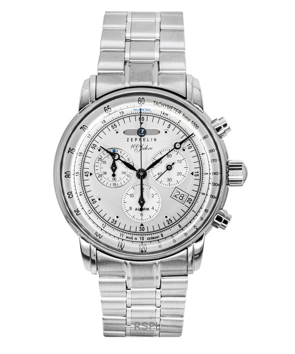 Montre pour homme Zeppelin 100 Jahre chronographe en acier inoxydable avec cadran blanc et quartz 7680MB1