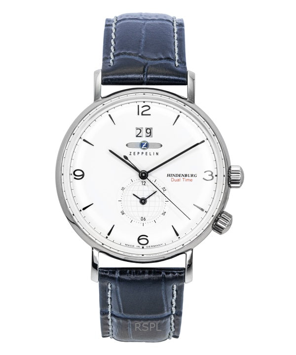 Montre homme Zeppelin Hindenburg 80441 à quartz, bracelet en cuir bleu, cadran blanc