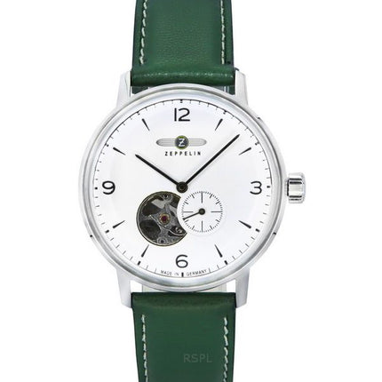 Montre Zeppelin LZ129 Hindenburg avec bracelet en cuir vert et cœur ouvert, cadran blanc, automatique 80661N pour homme