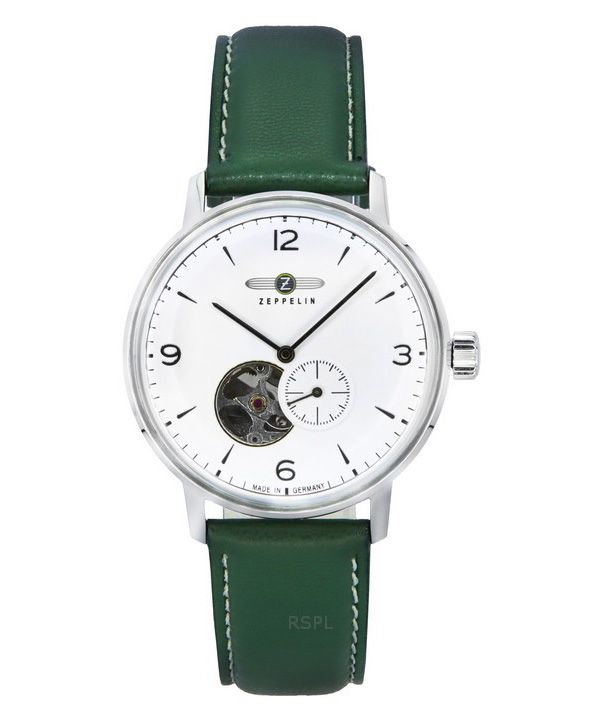 Montre Zeppelin LZ129 Hindenburg avec bracelet en cuir vert et cœur ouvert, cadran blanc, automatique 80661N pour homme