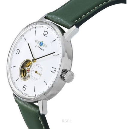 Montre Zeppelin LZ129 Hindenburg avec bracelet en cuir vert et cœur ouvert, cadran blanc, automatique 80661N pour homme