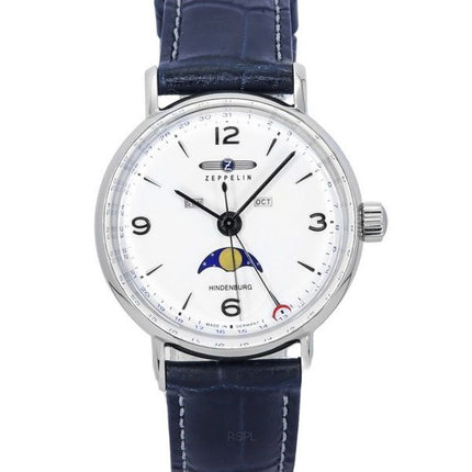 Montre pour homme Zeppelin LZ129 Hindenburg Phase de lune avec bracelet en cuir et cadran blanc à quartz 80771