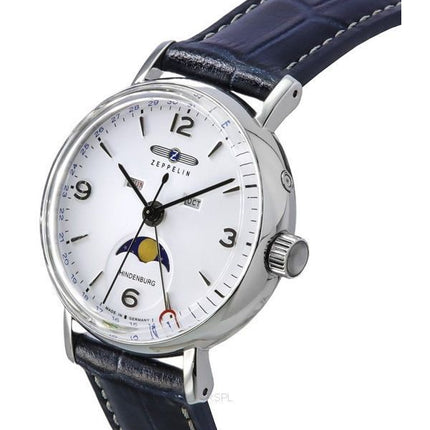 Montre pour homme Zeppelin LZ129 Hindenburg Phase de lune avec bracelet en cuir et cadran blanc à quartz 80771