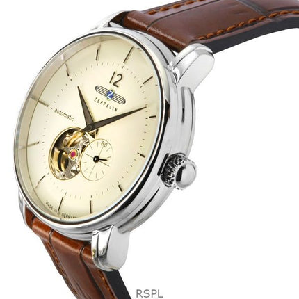 Montre automatique pour homme Zeppelin LZ-120 Bodensee avec bracelet en cuir beige et cadran en forme de cœur ouvert 81661
