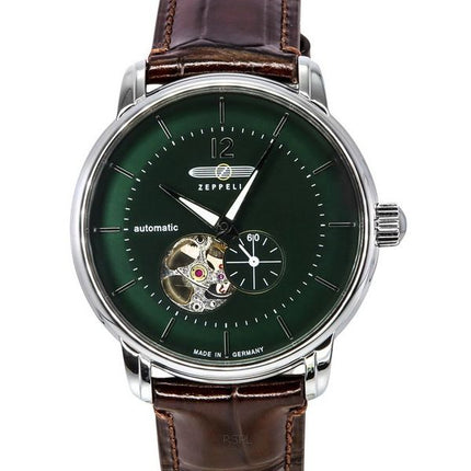 Montre Zeppelin LZ 120 Bodensee avec bracelet en cuir à cœur ouvert et cadran vert automatique 81664 pour homme