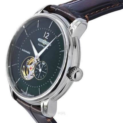 Montre Zeppelin LZ 120 Bodensee avec bracelet en cuir à cœur ouvert et cadran vert automatique 81664 pour homme