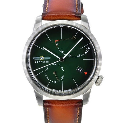 Montre Zeppelin Flatline pour homme, bracelet en cuir marron, cadran vert foncé, automatique 83664