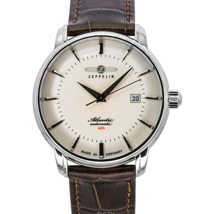 Montre automatique pour homme Zeppelin Atlantic avec bracelet en cuir et cadran beige entièrement lumineux 84605