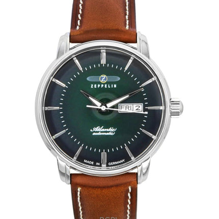 Montre automatique pour homme Zeppelin Atlantic 84664, bracelet en cuir marron, cadran vert
