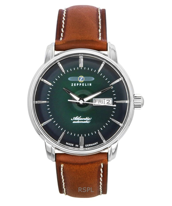 Montre automatique pour homme Zeppelin Atlantic 84664, bracelet en cuir marron, cadran vert