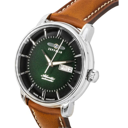 Montre automatique pour homme Zeppelin Atlantic 84664, bracelet en cuir marron, cadran vert